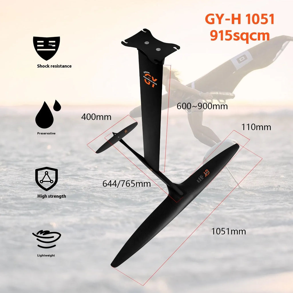 Black carbon fibre and aluminium alloy racing hydrofoil surfboard with large front wing