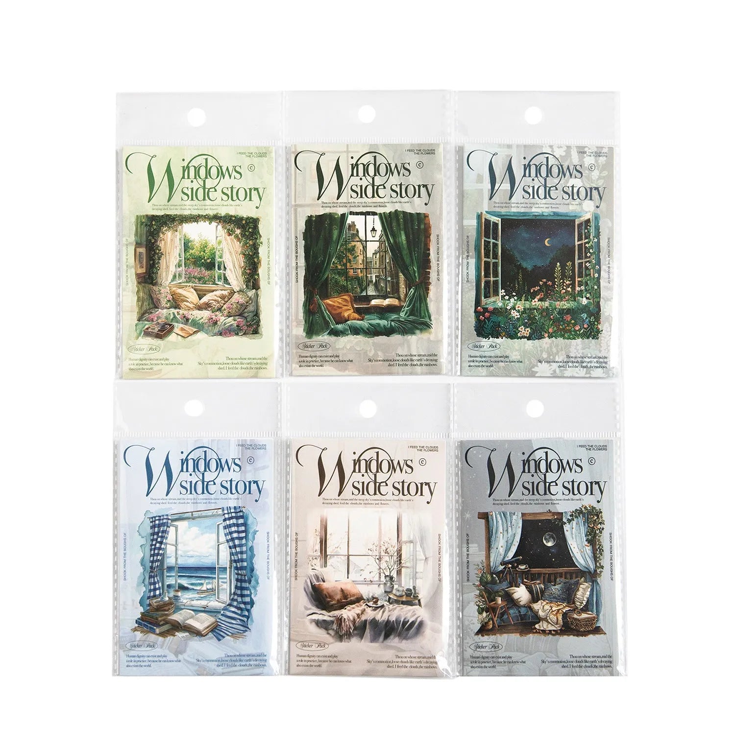 Window Story Series journal decorative stickers set showing six retro-style printed designs with scenic window themes