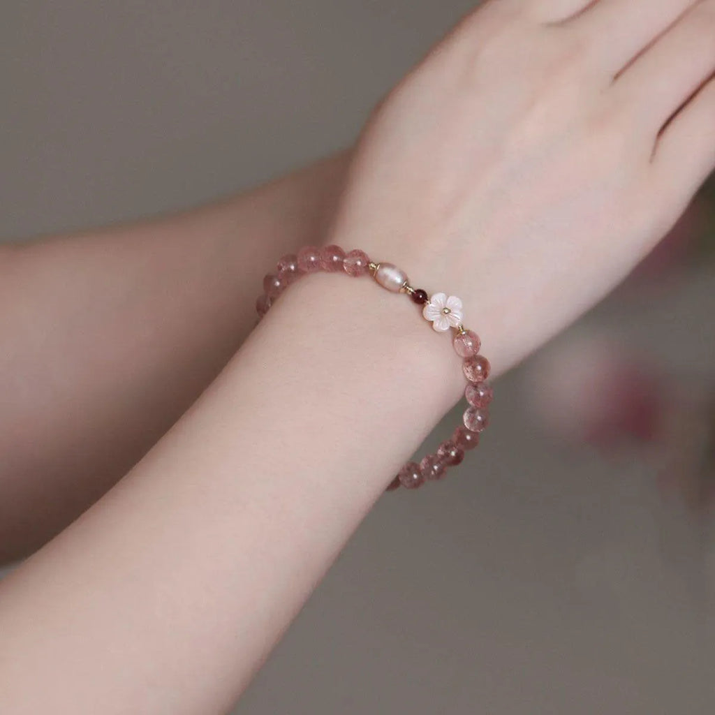 Strawberry quartz peach blossom bracelet with flower design crystal beads for women