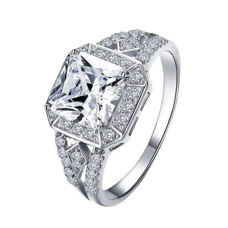 Women's platinum-coloured zircon ring with hollow geometric design and quadrilateral patterns