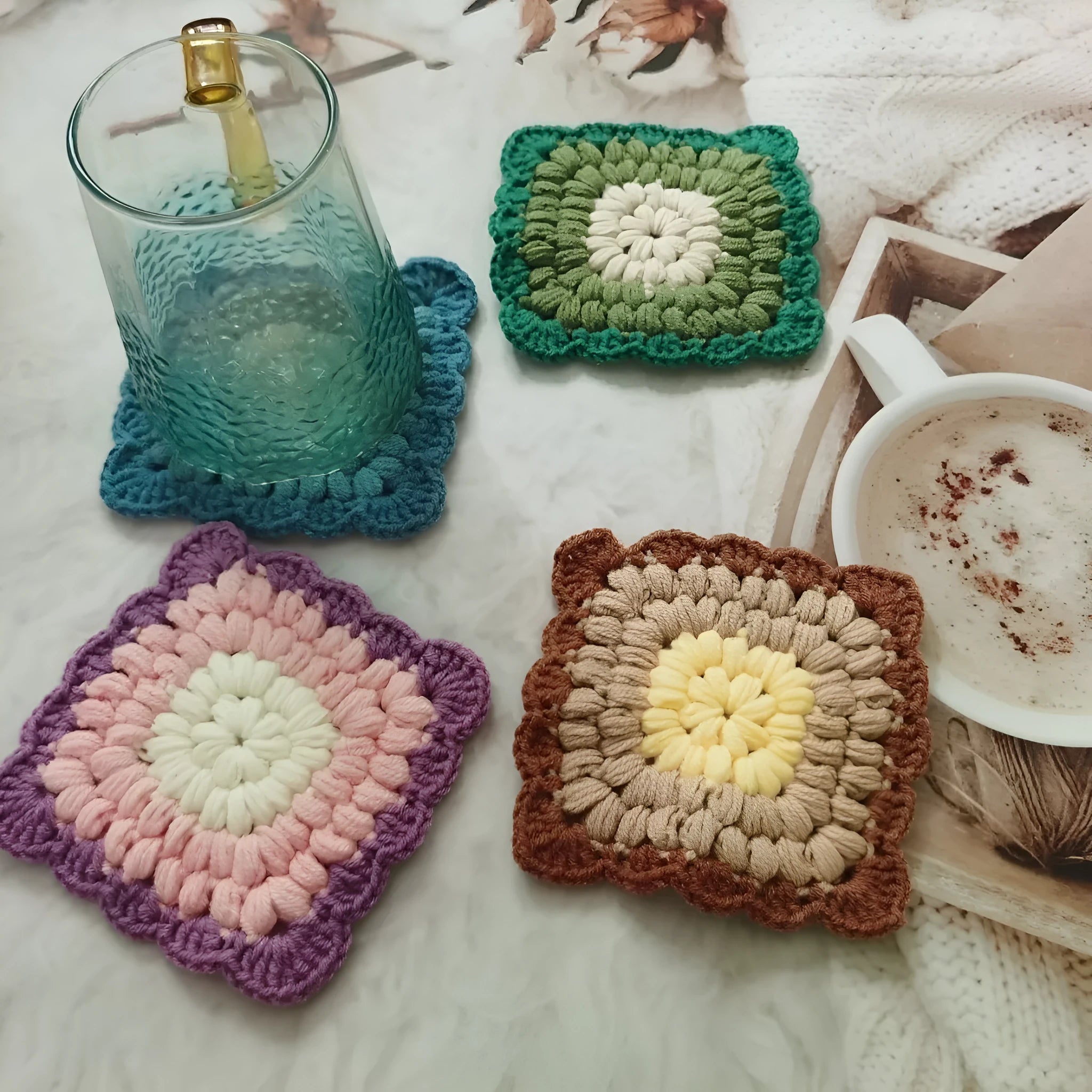 Handmade crocheted wool coaster with Grandmother Lattice pattern in Dream Purple colour.