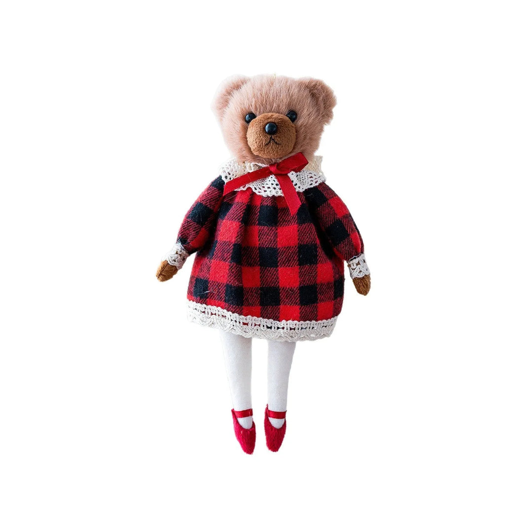 A soft cloth plush bear doll showing two colour options: a princess bear and a gentleman bear with a plaid suit.