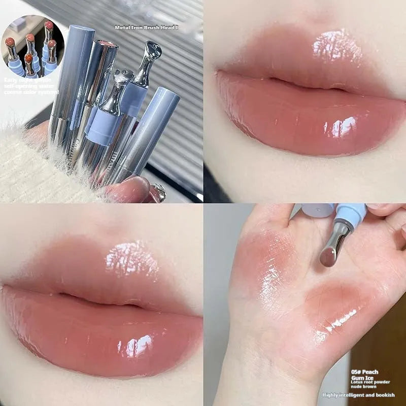 Mirror Water Light lipstick in six sheer fruit ice shades on a white background