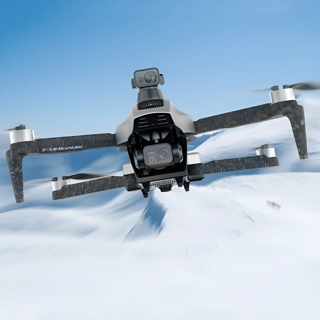 White folding quadcopter drone with camera and propellers, shown with remote control and shoulder bag.