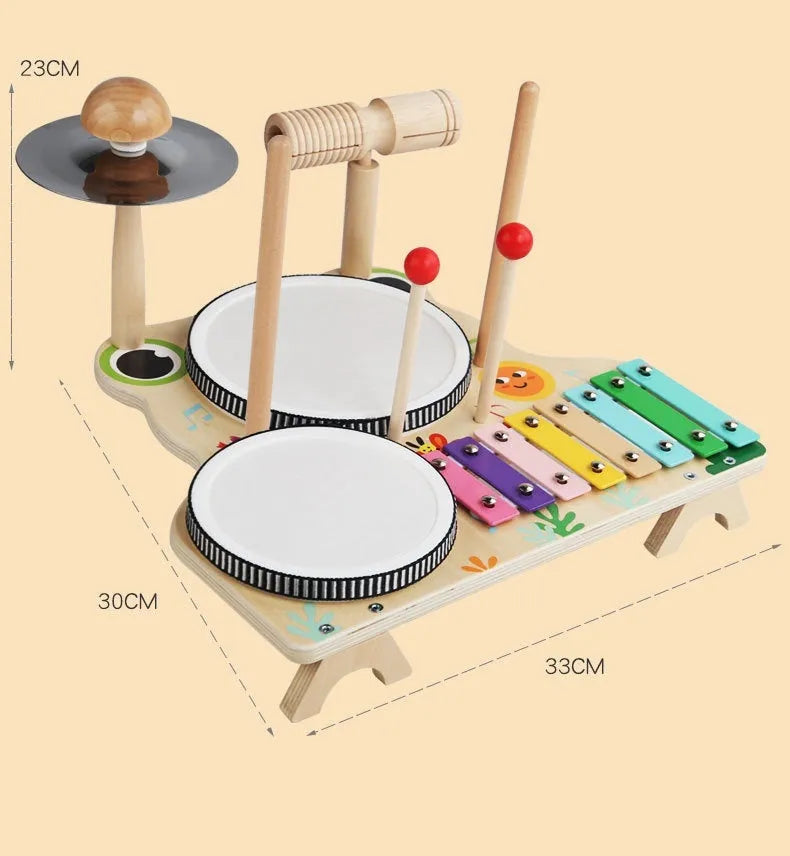 Wooden frog multifunctional drum kit early educational toy set, 33 x 30 x 23cm, in colour box