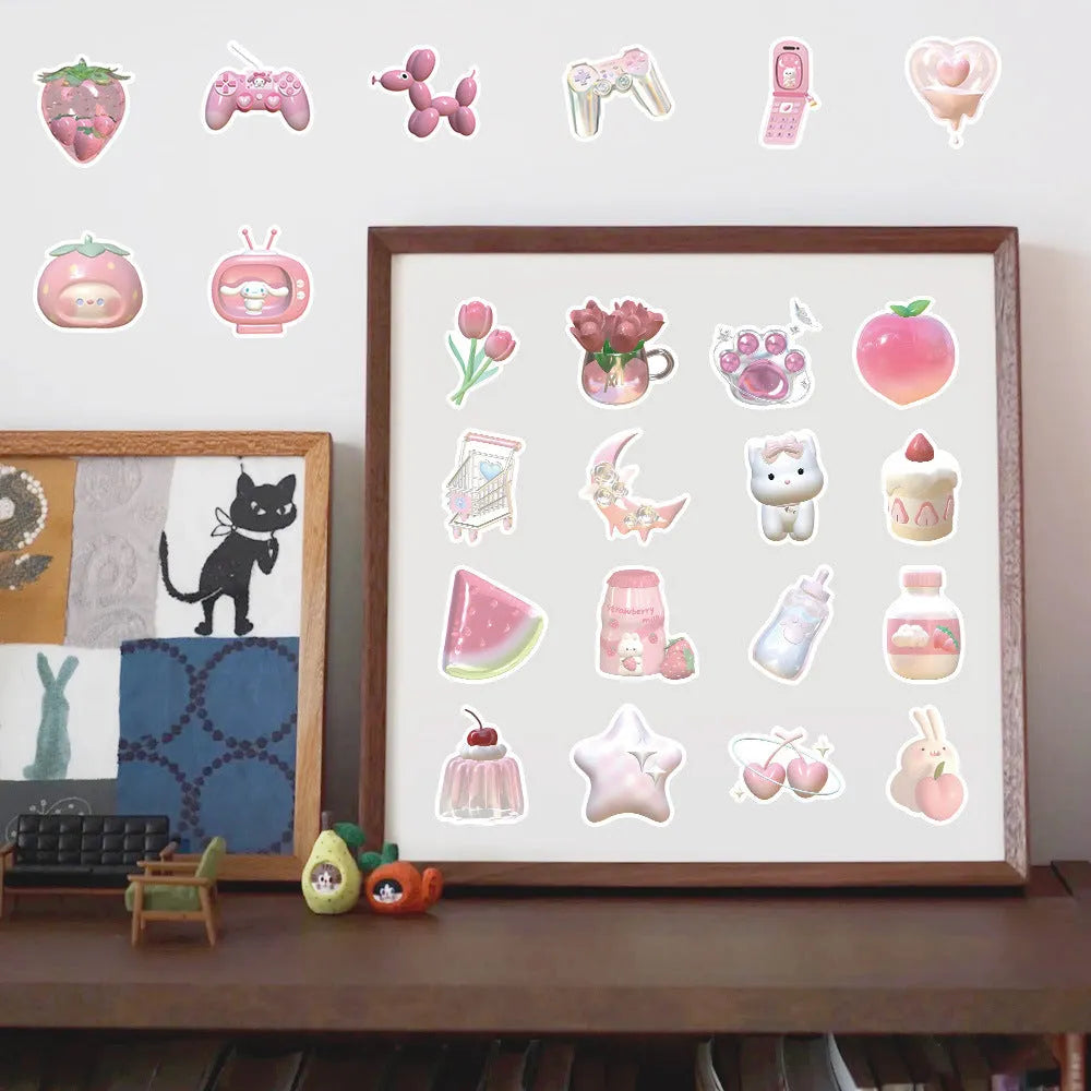 Close-up of realistic 3D decorative stickers showing pink girl and heart designs from a 63-piece set.