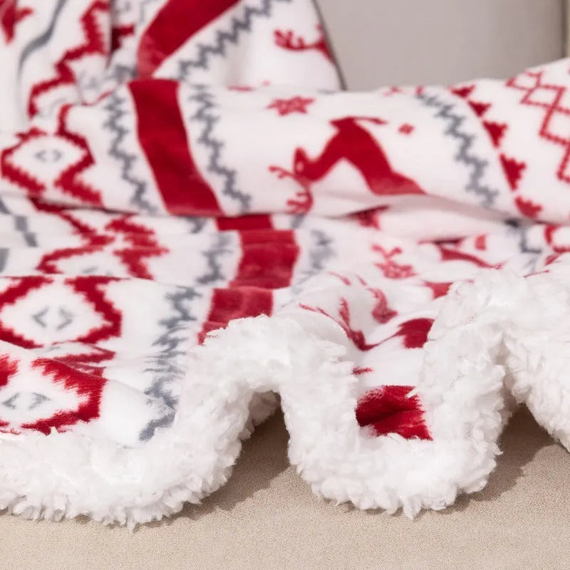 Flannel sherpa blanket in elk double white with cartoon anime pattern, shown in 152x127cm and 150x200cm sizes