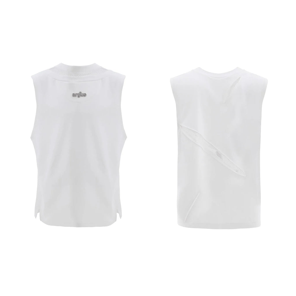 Hollow mesh sleeveless vest with metal decoration, washed cotton blend, slim fit, black grey white, Asian sizes L M XL