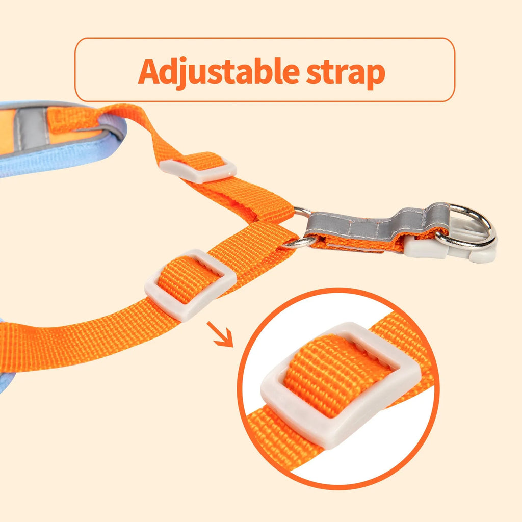 Adjustable dog vest harness with haulage rope lead in multiple colours showing chest strap attachment