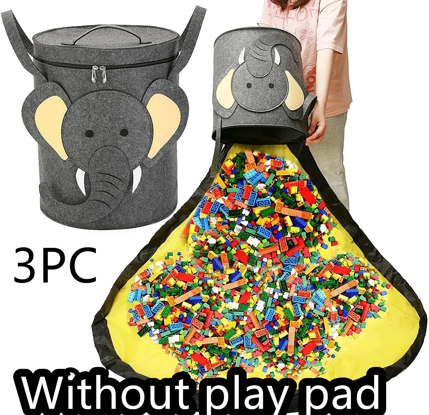 Green felt cube storage bag with pull rope, shown both as a closed bag and flattened as a play mat.