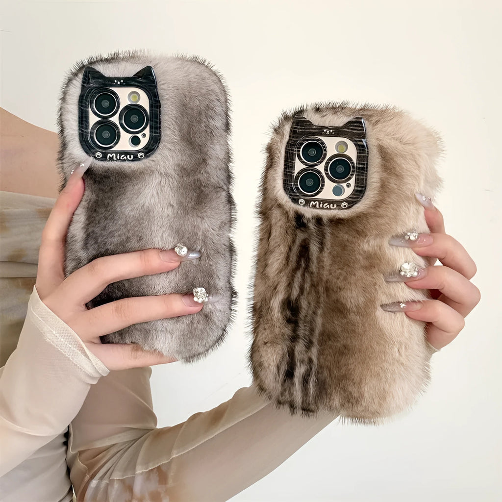 Plush phone case in brown or black, full coverage anti-drop design for iPhone 11 to 17 Pro Max
