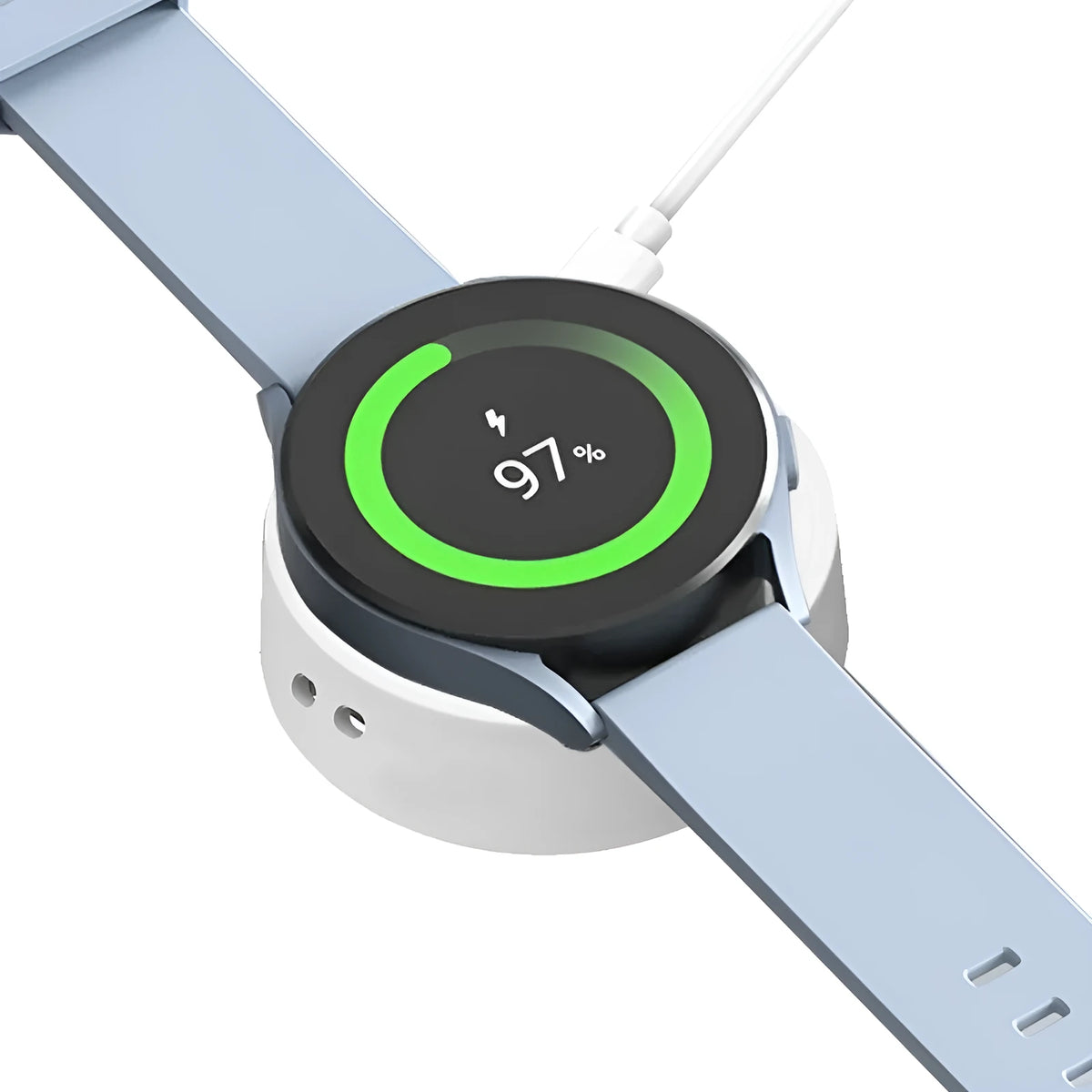 White PVC wireless charger base for Watch 6 and 5 Pro smartwatch charging dock.