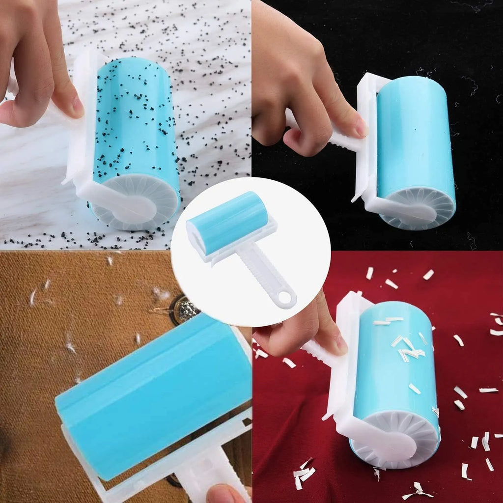 Washable lint roller pack with protective cover in blue, green, pink and yellow options for pet hair removal