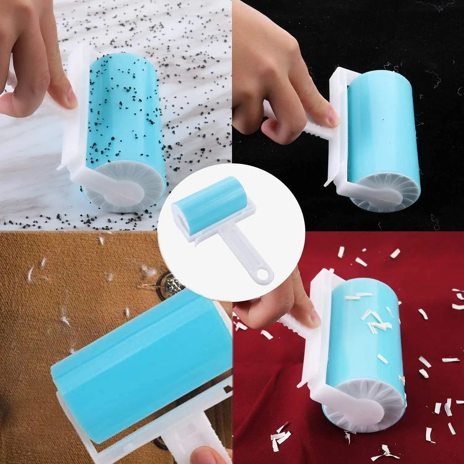 Washable lint roller pack with protective cover in blue, green, pink and yellow options for pet hair removal