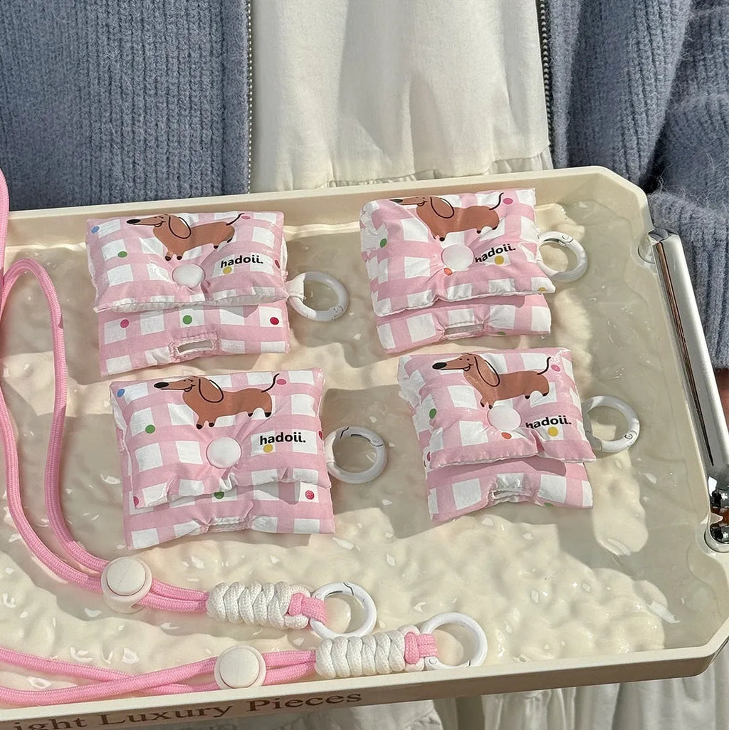 Pink plaid sausage dog fabric earphone sleeve with anti-lost carrying strap for Apple AirPods