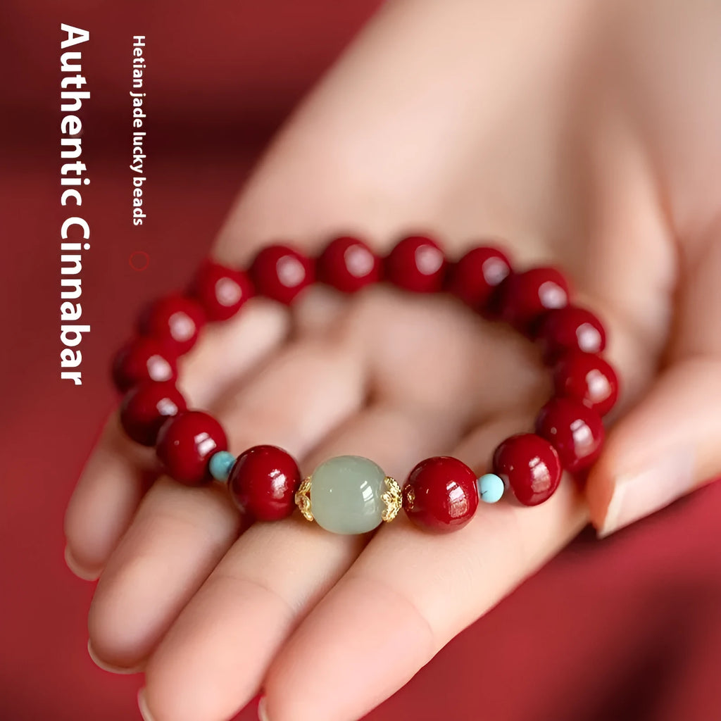 Cinnabar Hetian Jade geometric ellipse bead bracelet in purple gold sand colour with coated metal components