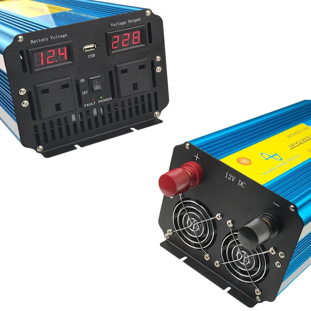 Blue 3000W car power inverter with digital displays converting 12V/24V to 220V pure sine wave