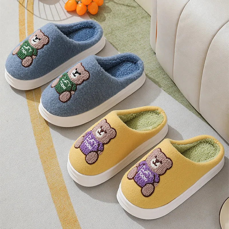 Lovely cartoon bear woolen slippers for women with plush upper and synthetic wool lining in dark blue