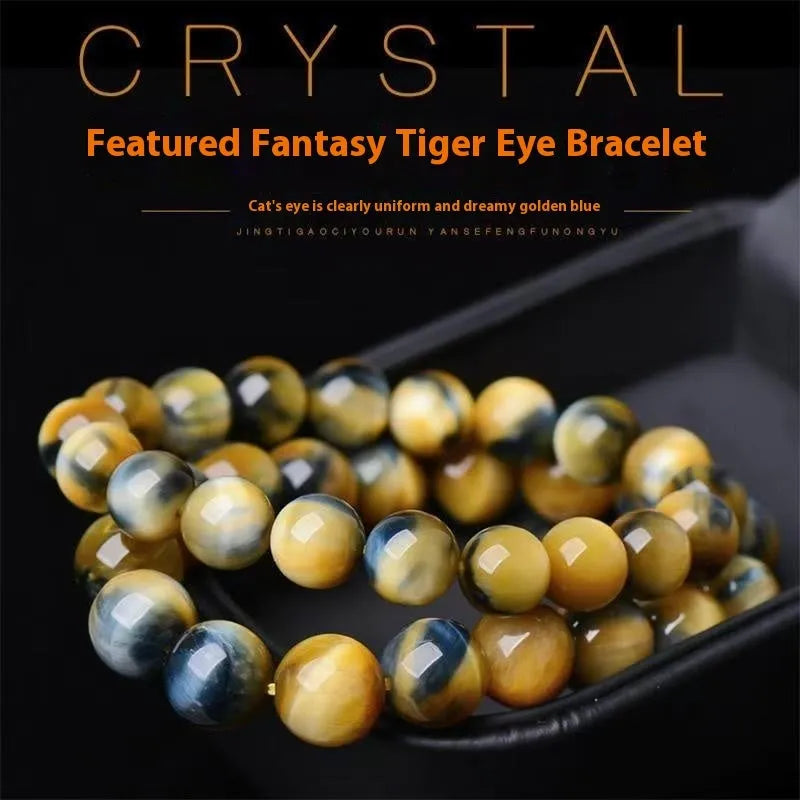 Handmade fantasy tiger eye agate bracelet with round beads on a neutral background.