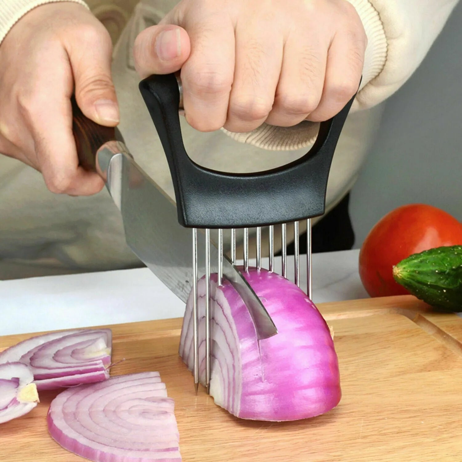 Stainless steel food slice assistant with onion holder and non-slip design