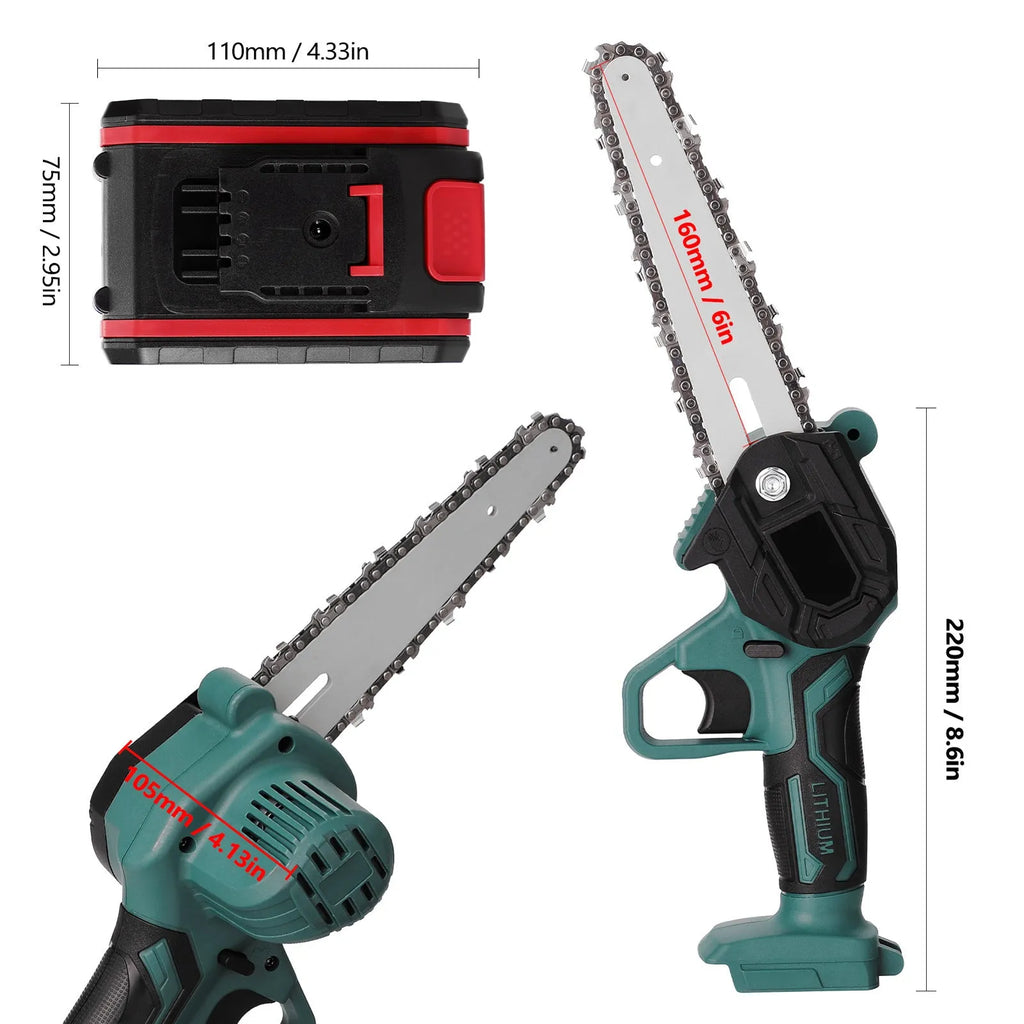 Black mini electric chainsaw held in one hand showing 4-inch guide plate and compact body.