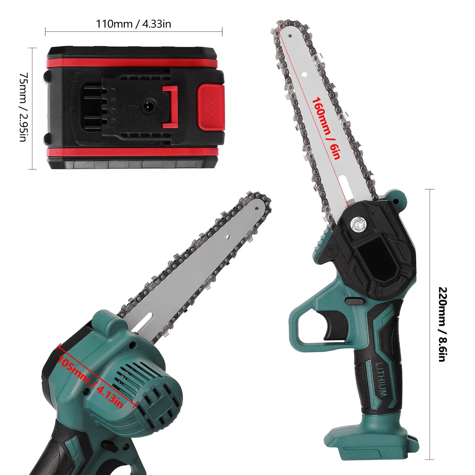 Black mini electric chainsaw held in one hand showing 4-inch guide plate and compact body.