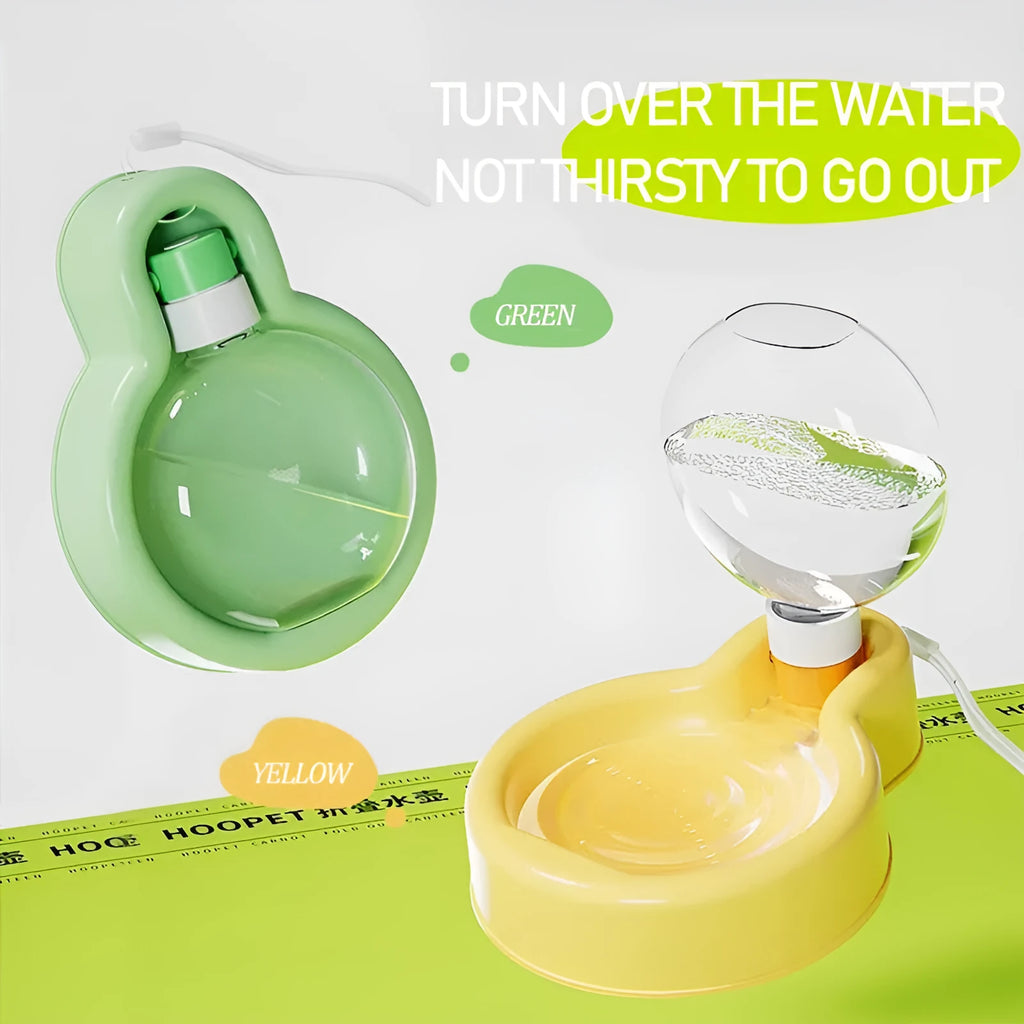 Green portable dog travel water bottle with pull-out bowl, shown with dimensions.