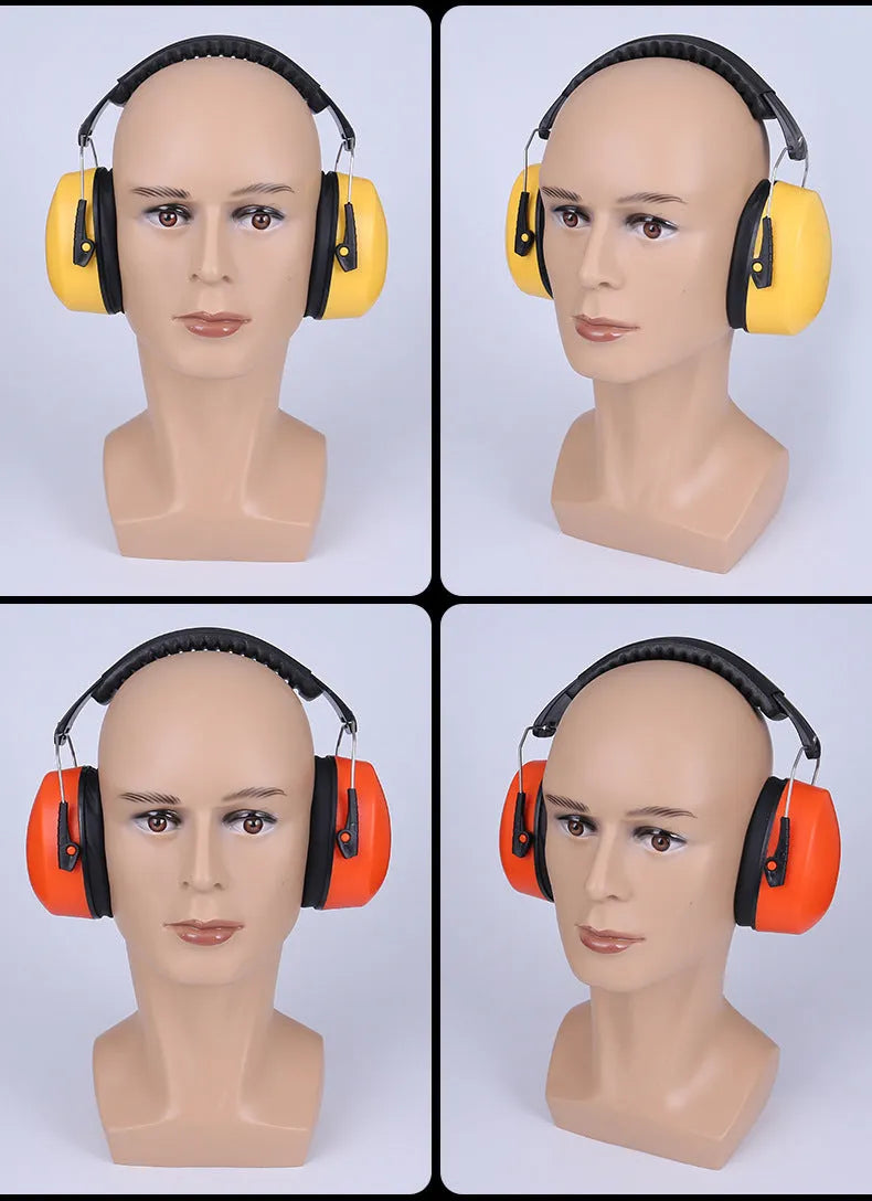 Orange head-mounted noise-cancelling headphones and protective earmuffs with an adjustable elastic headband.