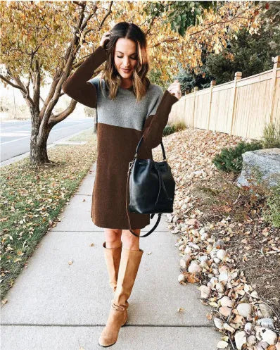 Brown women's art retro polar fleece patchwork dress with princess silhouette and long sleeves