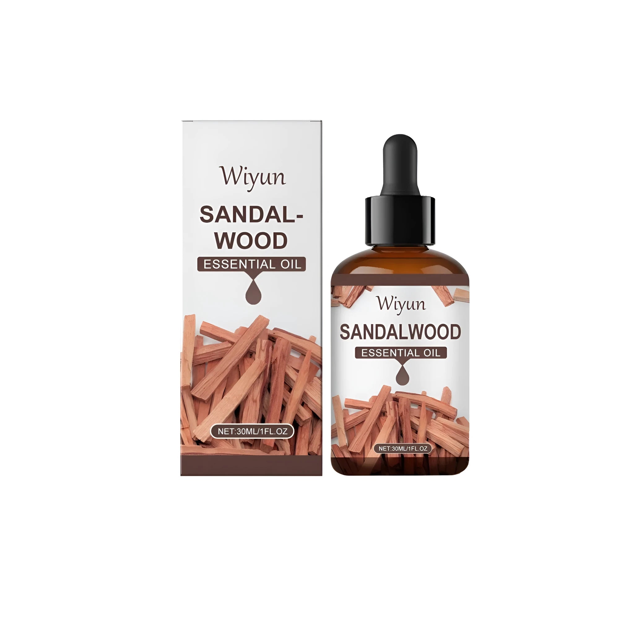 30ml glass bottle of sandalwood essential oil with a dropper cap