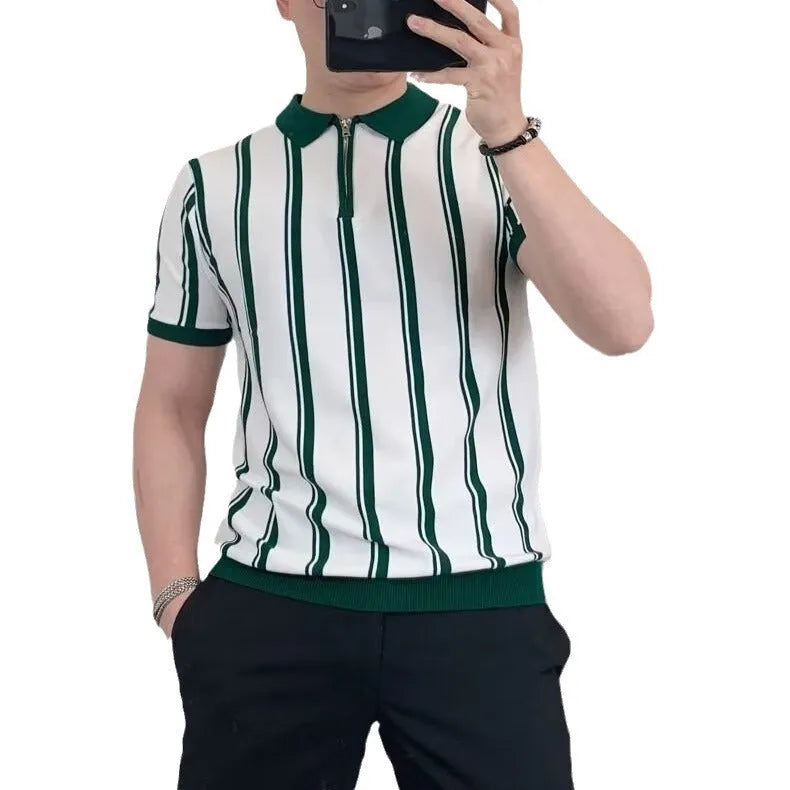 Korean style vintage stripe men's T-shirt with half-sleeve zip detail and cartoon print in black or white colours
