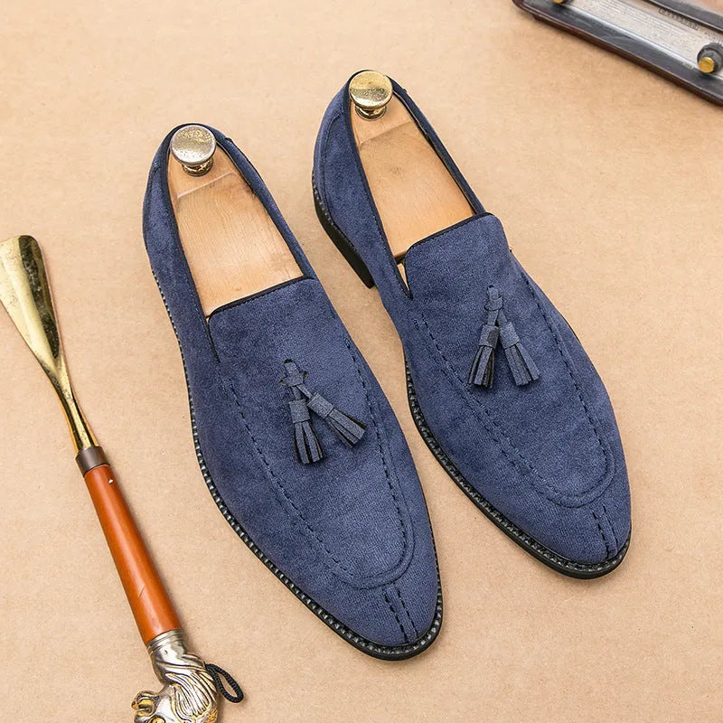 Men's suede matte fashion leather shoes in purple or blue with flat heel and plastic sole, sizes 38-48