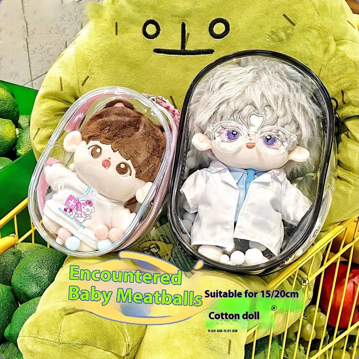 Transparent PVC cube storage bag with zip closure for cotton dolls, shown in avocado green colour.