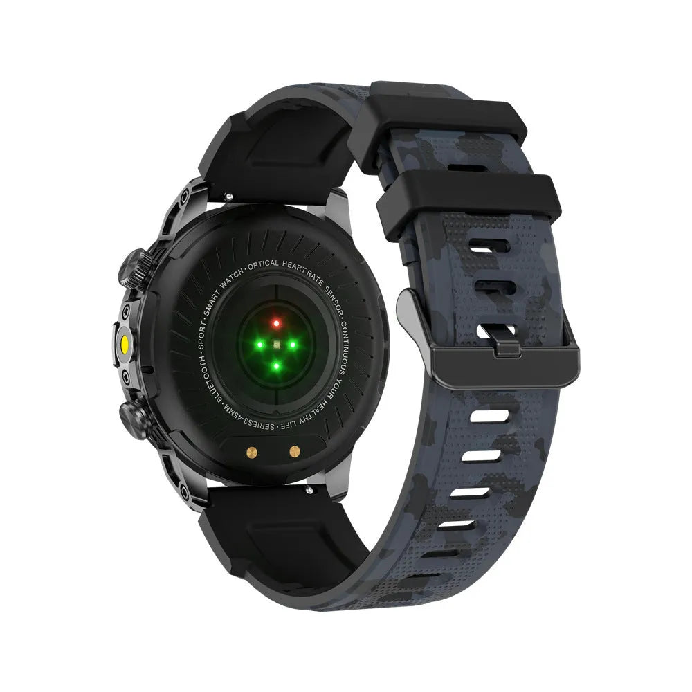 Black sports smartwatch with AMOLED display on a liquid silicone strap, showing fitness stats.