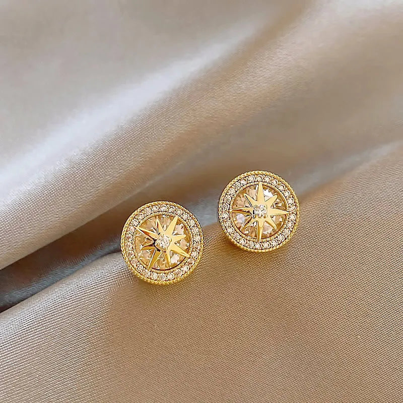 Zircon stud earrings for women copper inlaid eight-pointed star real gold plated Japanese Korean style