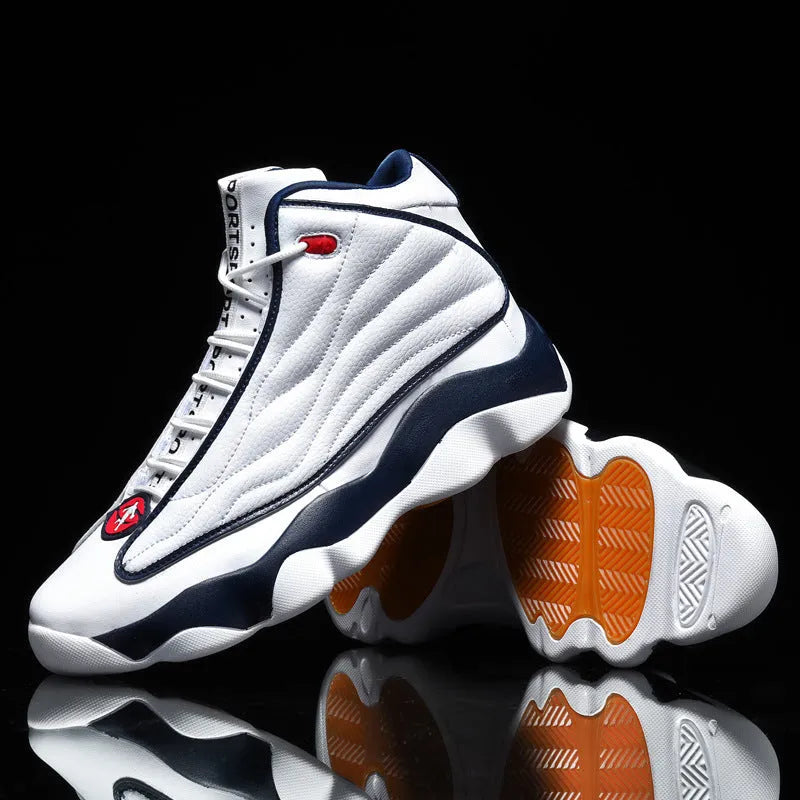 Men's high-top basketball shoes in AJ13 white and red colourway with rubber sole and mesh upper
