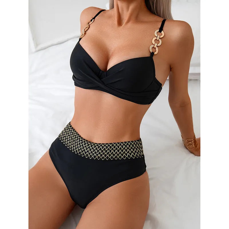 Black two-piece bikini swimsuit set with sleeveless top and brief-style bottoms on hanger