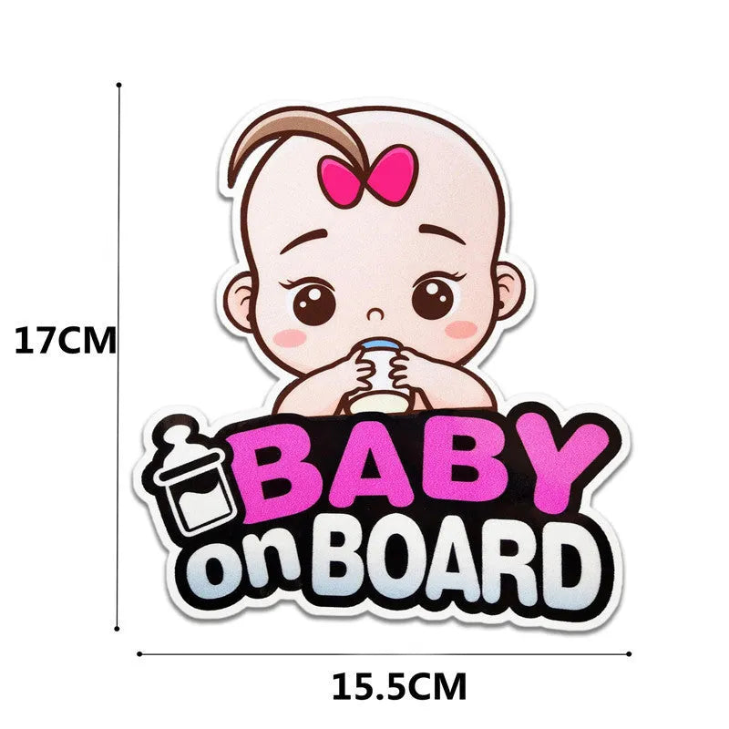 Baby on Board reflective car stickers showing baby and bottle designs in PET material for vehicle safety