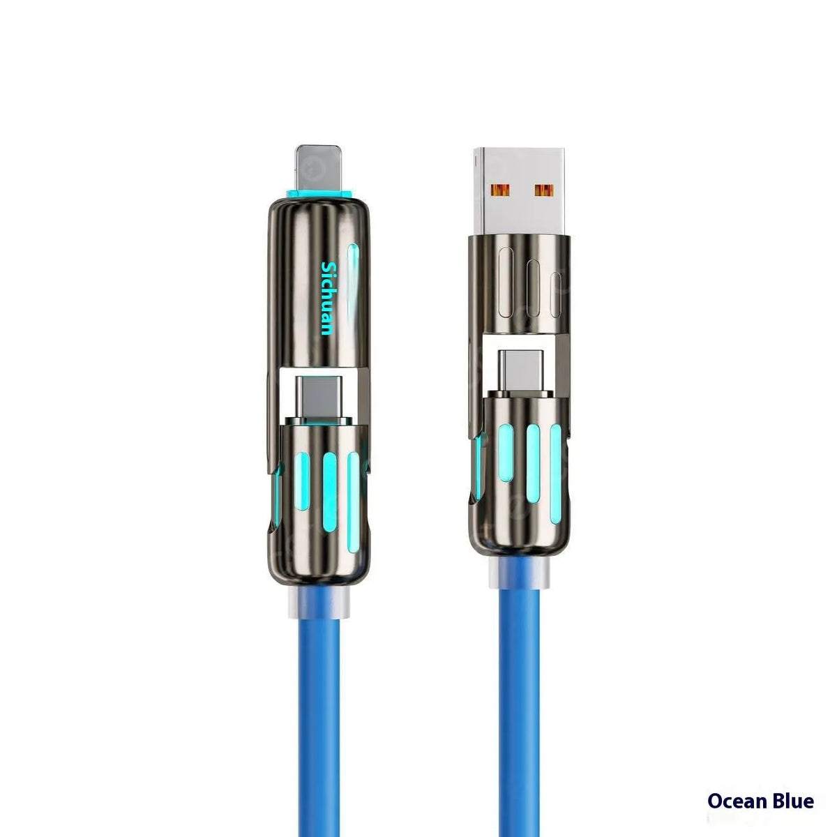 Car multifunction 240W four-in-one silicone data cable with Mini USB Lightning Micro USB TYPE-C connectors in purple