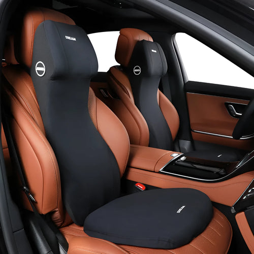 Automotive memory foam waist cushion and headrest support pillow in integrated one-piece design