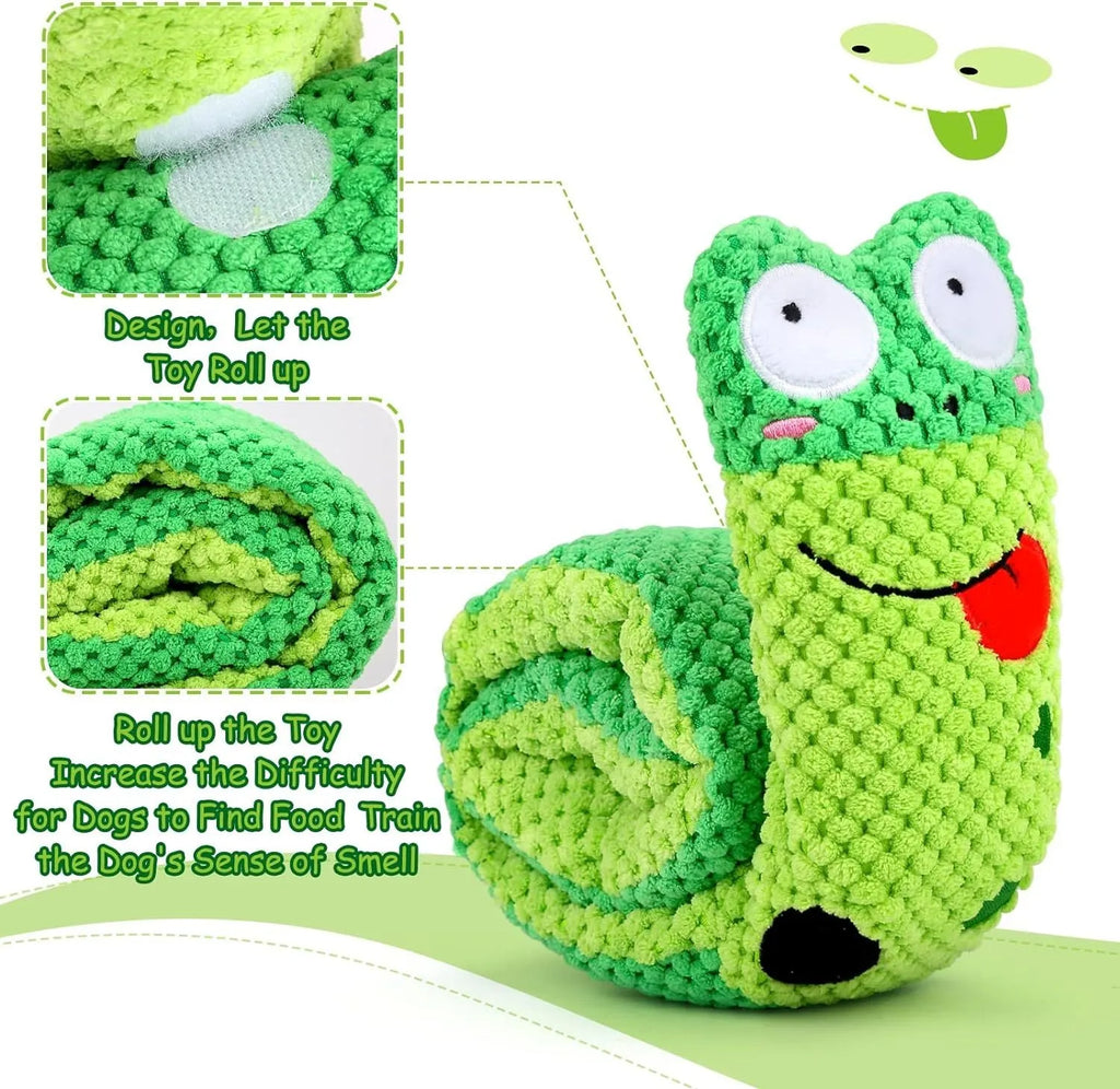 Squeak dog toy in snail shape with hidden food holes for foraging training