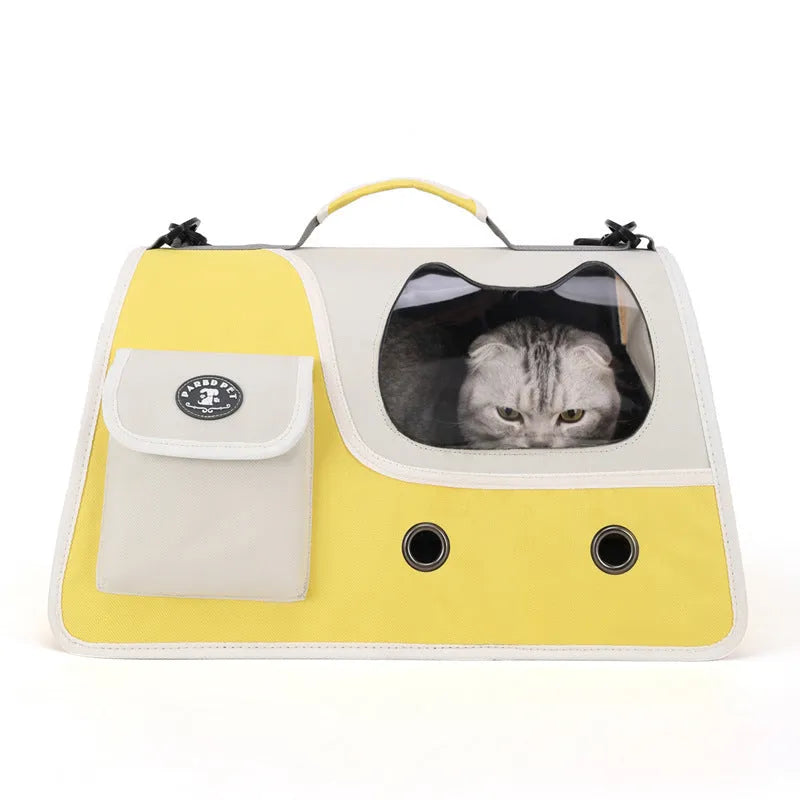 Crossbody pet backpack in Oxford cloth with spacious breathable design, available in yellow, green, or black.