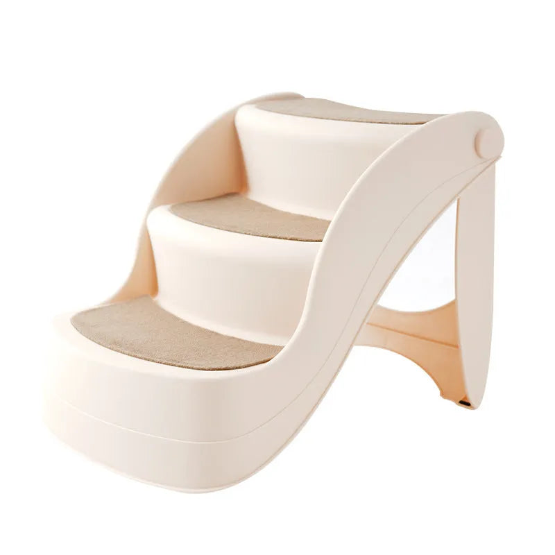 Foldable plastic pet ladder steps for small dogs and cats on a beige carpet.
