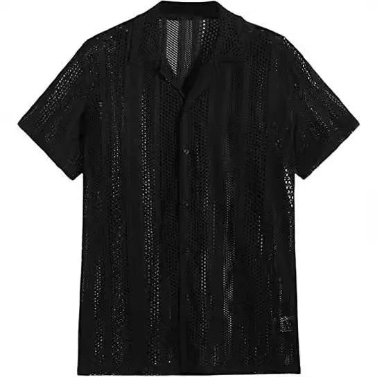 Men's white knitted short-sleeve button shirt with jacquard texture in cardigan style
