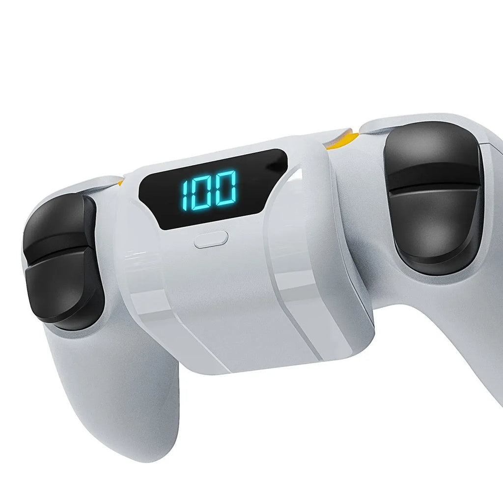 White PS5 handle back battery pack with LED display attached to a gamepad