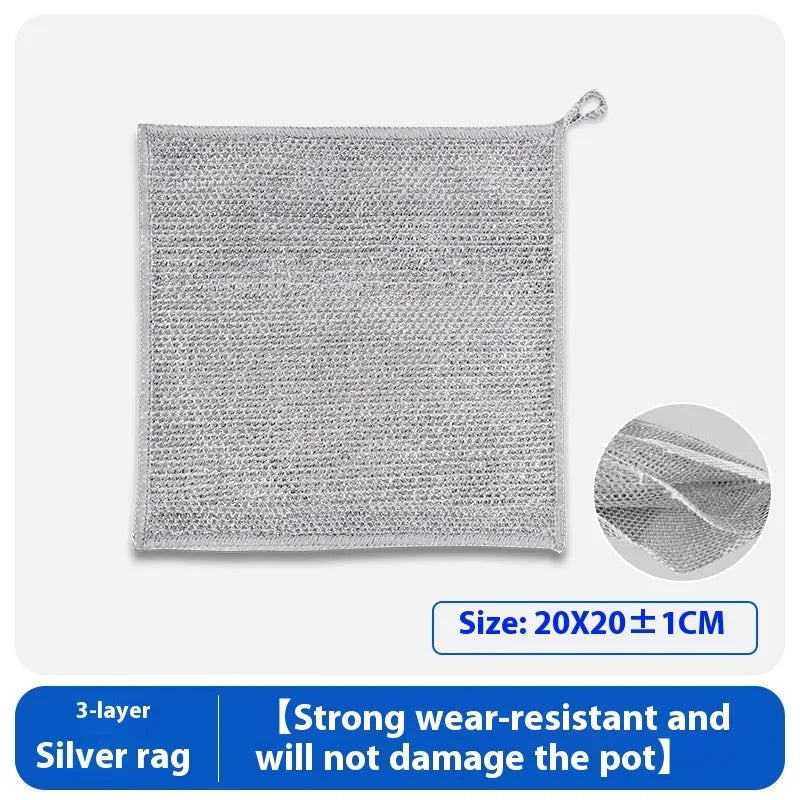 Silver wire kitchen scrubber with attached microfibre rag for double-sided pot cleaning