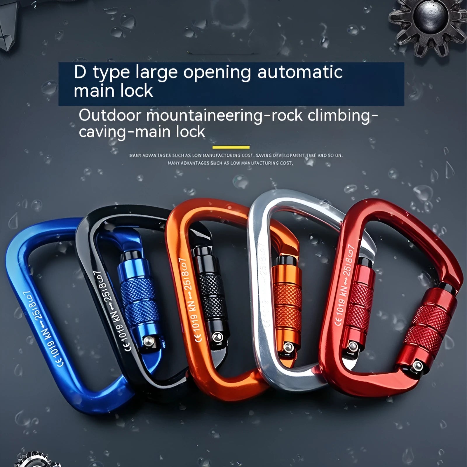 Steel D-shaped climbing carabiner showing automatic and screw-gate types in assorted colours.