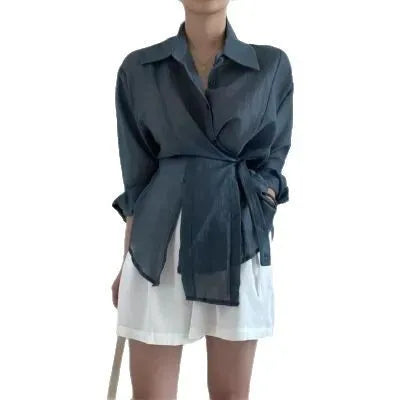 Irregular buckle lapel long sleeve shirt in smoky gray polyester fibre