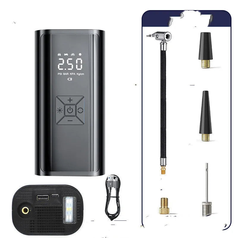 Portable wireless car tyre pump with digital display showing pressure readings