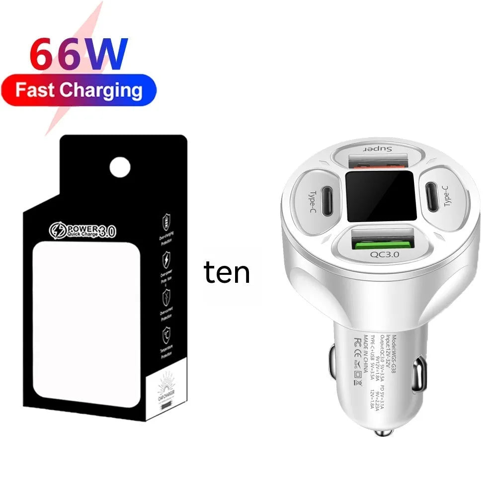 66W digital display car charger with two USB and two Type-C ports for vehicle fast charging